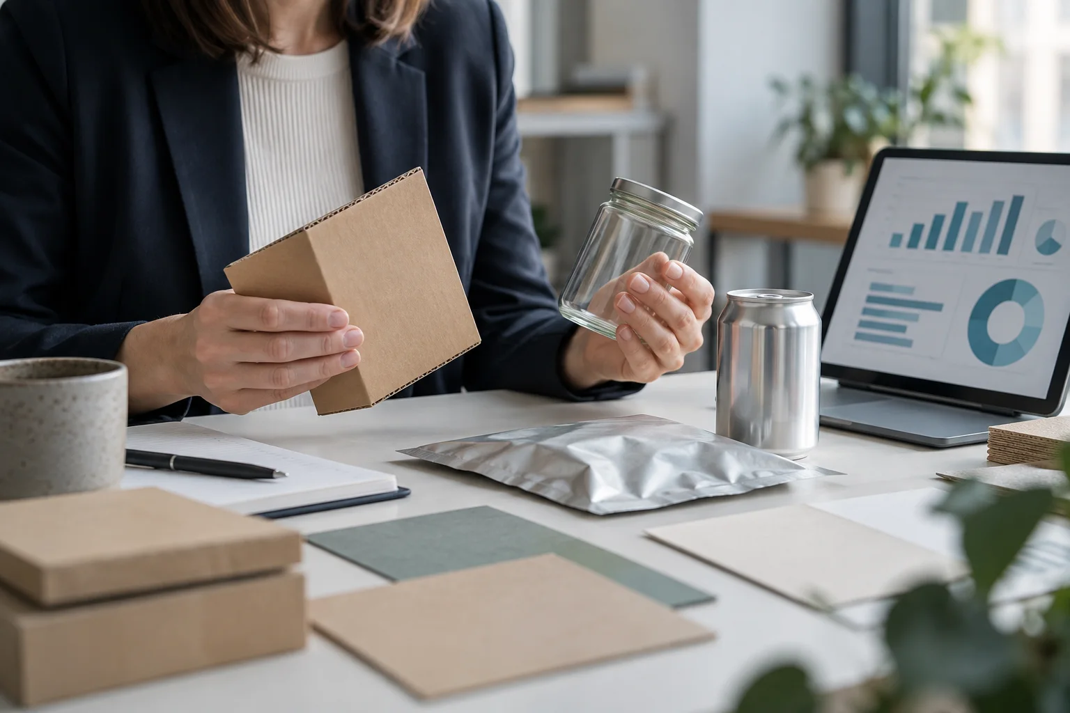 Especialista comparando materiales de envase con datos para el flujo de información de envases